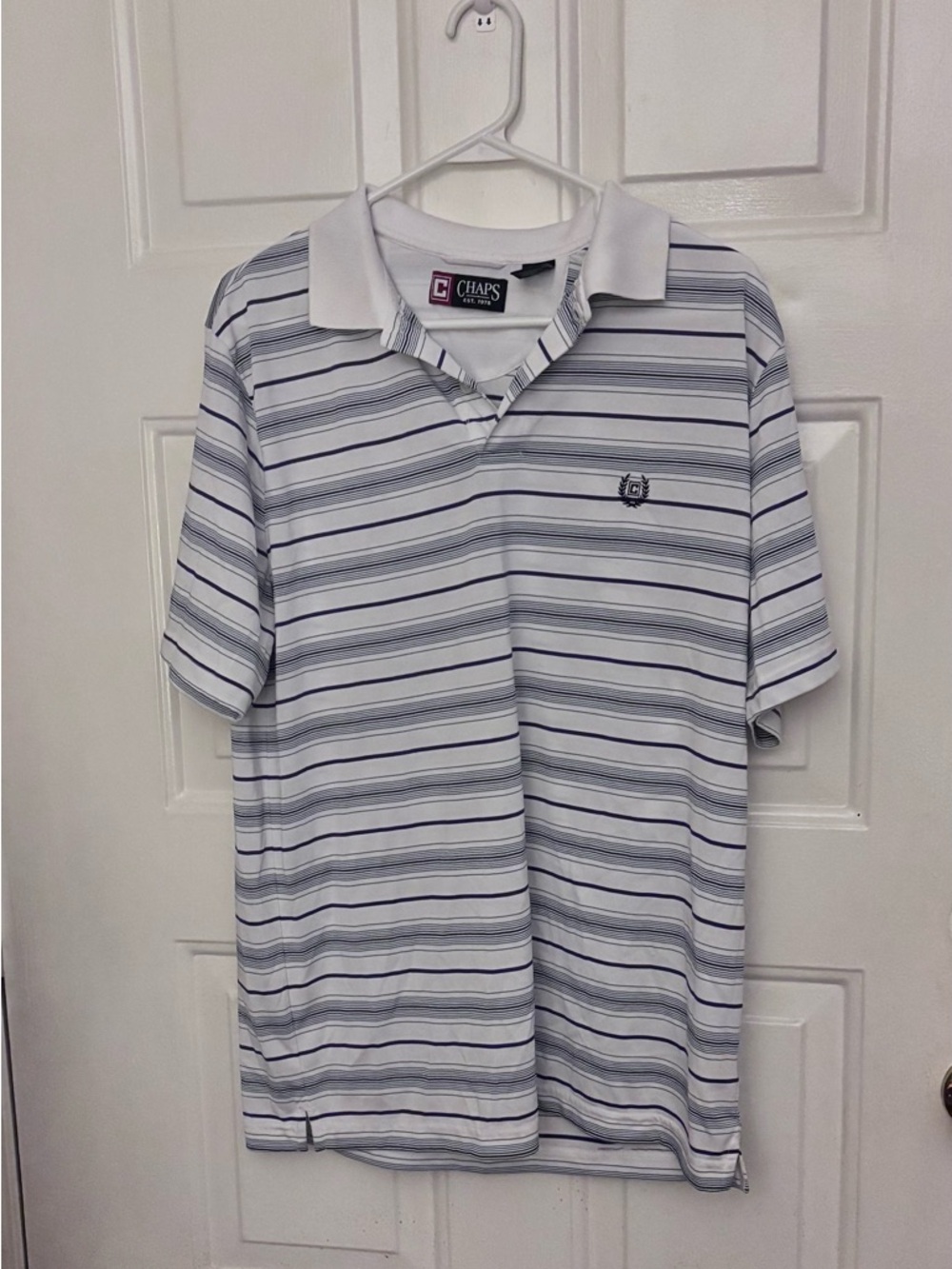Chaps White Polo with Navy and Light Gray Stripes